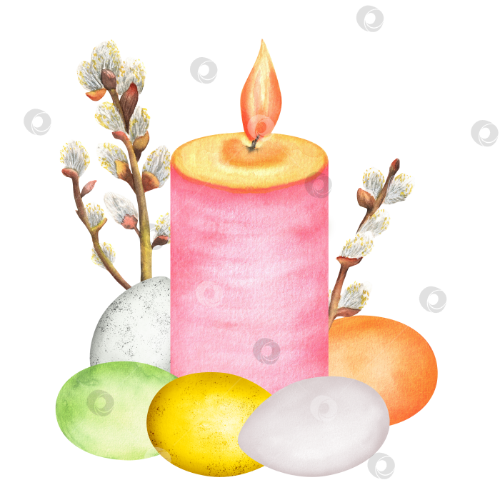 Скачать Розовая свеча, перевязанная веревочкой, и веточка вербы. Пасхальные яйца. Клипарт. Ручная роспись акварелью фотосток Ozero