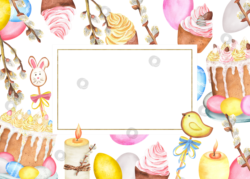 Скачать Пасхальные куличи с глазурью, печенье с кроликами, желтые, розовые, голубые яйца, веточки вербы, зажженные свечи в оформлении открыток. Клипарт. Рисованная акварельная иллюстрация для оформления поздравительных открыток на пасхальную тематику фотосток Ozero