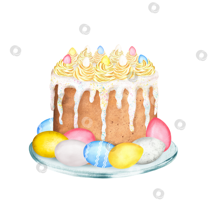 Скачать Пасхальный кулич, украшенный взбитыми сливками и голубыми, желтыми, розовыми, белыми яйцами на тарелке. Ручная роспись акварелью фотосток Ozero