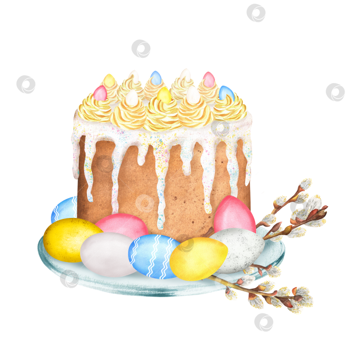 Скачать Пасхальный кулич со взбитыми сливками, голубыми, желтыми, розовыми яйцами, веточками вербы. Ручная акварель фотосток Ozero