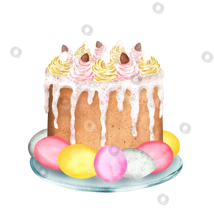 Скачать Пасхальный кулич с розовыми и желтыми взбитыми сливками, разноцветными яйцами. Ручная акварельная иллюстрация фотосток Ozero