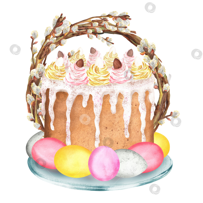 Скачать Пасхальный кулич с розовыми и желтыми взбитыми сливками, разноцветными яйцами и венком из вербы. Ручная роспись акварелью фотосток Ozero
