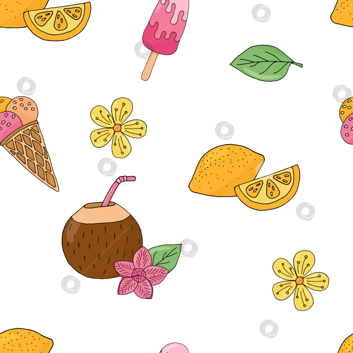 Скачать Бесшовный летний паттерн на белом фоне (мороженое, эскимо, цветок, кокос, коктейль, лимон, долька лимона, лист) фотосток Ozero