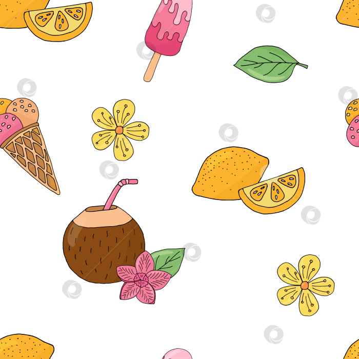 Скачать Бесшовный летний паттерн - прозрачный фон - мороженое, коктейль, цветы фотосток Ozero