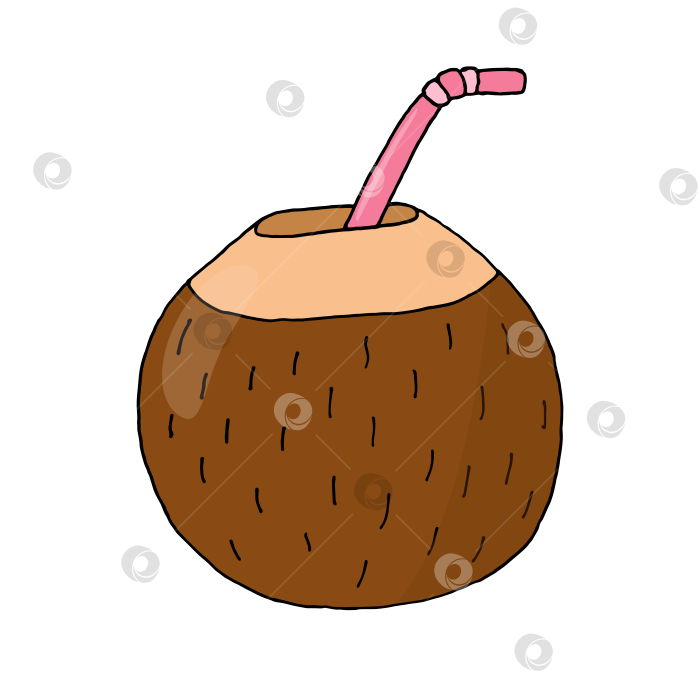 Скачать Иллюстрация - кокос - напиток в кокосе - коктейль в кокосе с трубочкой фотосток Ozero