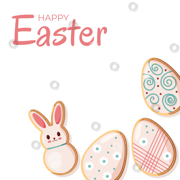 Скачать Пасха. Пасхальный баннер с изображением кролика и печенья в форме яйца. Редактируемый шаблон фотосток Ozero