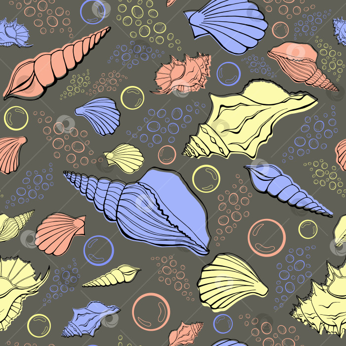 Скачать Современные плоские контуры морских раковин, бесшовные узоры в виде пузырьков для тканей, текстиля, одежды, интерьера, канцелярских принадлежностей, оберточной бумаги, скрапбукинга. Модная морская бесконечная текстура. Экзотические контуры океанских раковин. фотосток Ozero