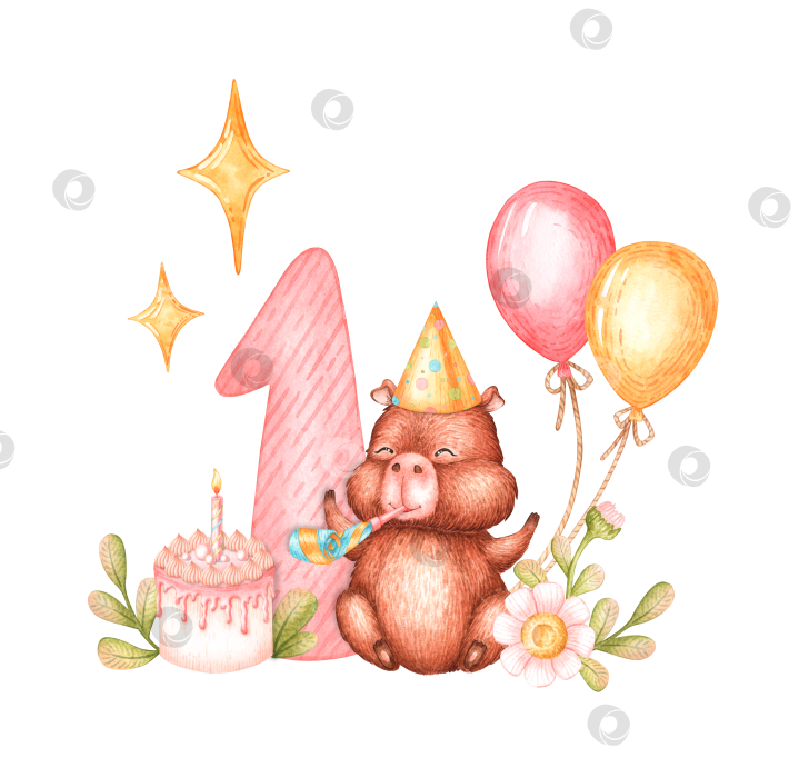 Скачать Акварельная открытка на день рождения капибары номер один фотосток Ozero