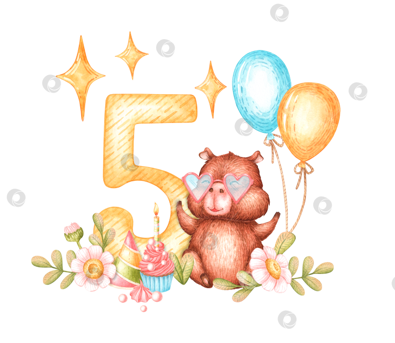 Скачать Открытка на день рождения капибары с цифрой пять, выполненная акварелью фотосток Ozero