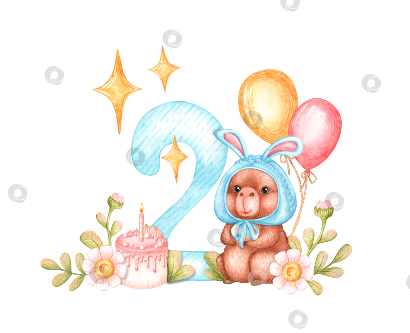 Скачать Открытка на день рождения капибары с цифрой два, выполненная акварелью фотосток Ozero