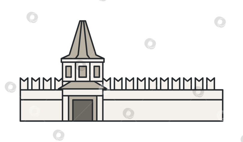 Скачать Историческая крепостная стена с надвратной башней и оборонительными зубцами на белом фоне. Средневековая архитектура. Иллюстрация. фотосток Ozero