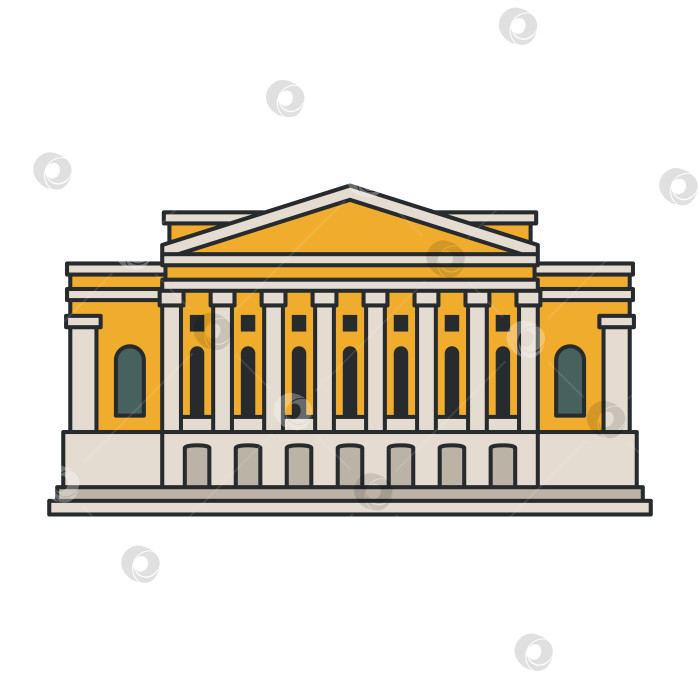 Скачать Классическое здание театра с колоннами и фронтоном, выделяющимися на белом фоне. Достопримечательность культурной архитектуры. Иллюстрация. фотосток Ozero