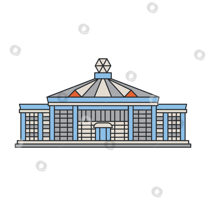 Скачать Современное культурное здание с геометрическим куполом и стеклянным фасадом, выделяющимся на белом фоне. Современная архитектура. Иллюстрация. фотосток Ozero