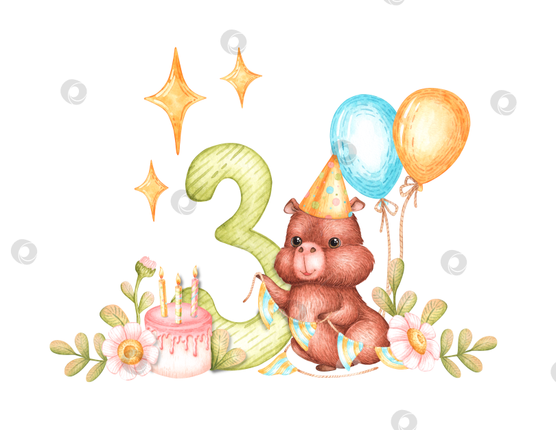 Скачать Открытка на день рождения капибары с цифрой три, выполненная акварелью фотосток Ozero