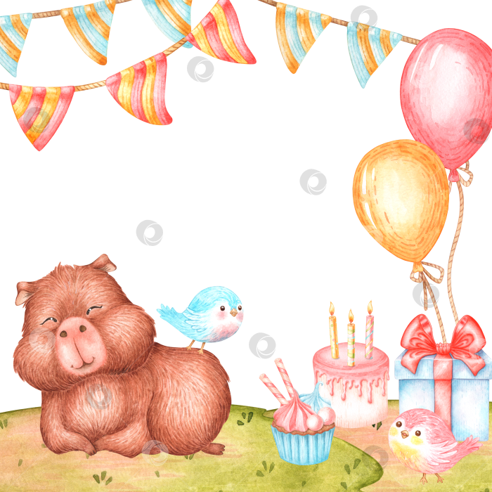 Скачать Лежащая капибара, акварельная рамка фотосток Ozero