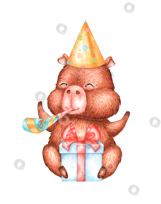 Скачать День рождения капибары с рогом и подарком в виде акварели фотосток Ozero