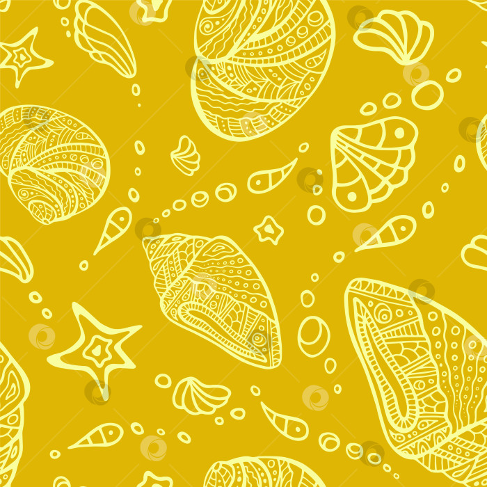 Скачать Узор из желтых полинезийских раковин повторяется в произвольном порядке. Бесконечная текстура раковины зентангл. Море маори на неровном бескрайнем фоне. Стилизованный рисунок поверхности океана, выполненный племенем. Хаотичный орнамент с водными очертаниями фотосток Ozero