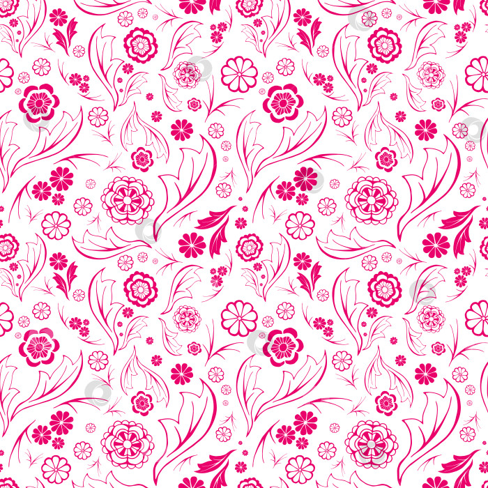 Скачать Нарисуйте цветы в виде каракулей случайным бесшовным узором. Очень милые цветочные мотивы повторяются на поверхности неравномерно. Розовый контур на белом фоне - бесконечная текстура для интерьера, текстиля, подарочной бумаги или тетрадей фотосток Ozero