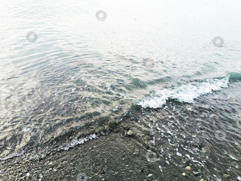 Скачать Берег моря, спокойные волны набегают на пляж с мелкой галькой фотосток Ozero