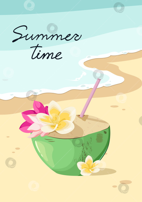 Скачать Летний плакат с кокосовыми орехами и тропическими цветами фотосток Ozero