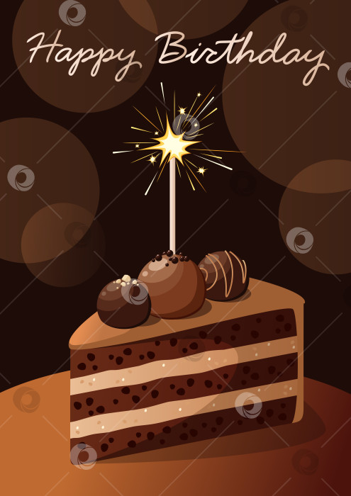 Скачать Поздравительная открытка с кусочком шоколадного торта и бенгальским огнем фотосток Ozero