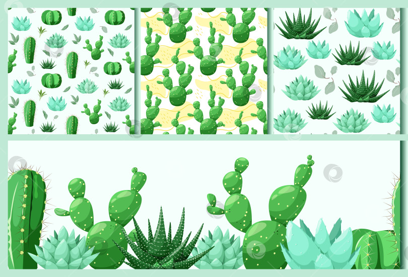 Скачать Набор бесшовных узоров с кактусами и суккулентами фотосток Ozero