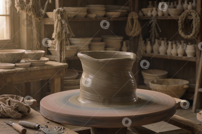 Скачать Красивая большая глиняная ваза на гончарном круге в гончарной мастерской фотосток Ozero