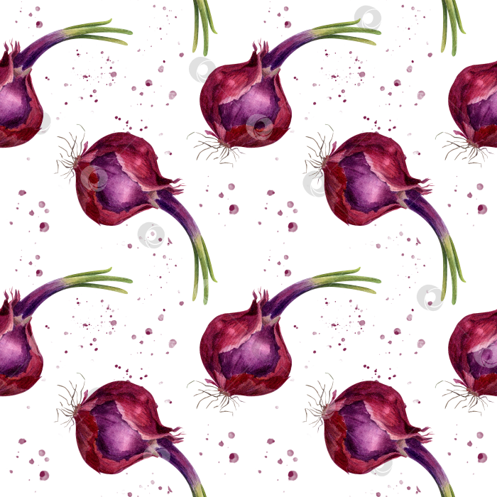 Скачать Бесшовный акварельный узор из красного лука на белом фоне. Текстура свежих овощей используется для упаковки, текстиля, обертывания, оформления меню и концепций здорового питания. фотосток Ozero