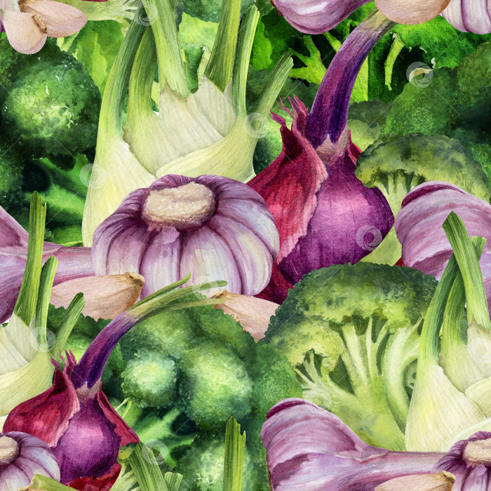 Скачать Овощная смесь с бесшовным акварельным рисунком на белом фоне. Брокколи, лук, чеснок и фенхель создают плотную органическую текстуру для упаковки, текстиля, оберток и дизайна здорового питания. фотосток Ozero