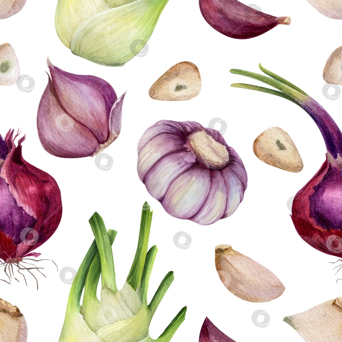 Скачать Бесшовный акварельный узор из лука и чеснока на белом фоне. Текстура свежих овощей используется для упаковки, текстиля, обертывания, оформления меню и концепций здорового питания. фотосток Ozero