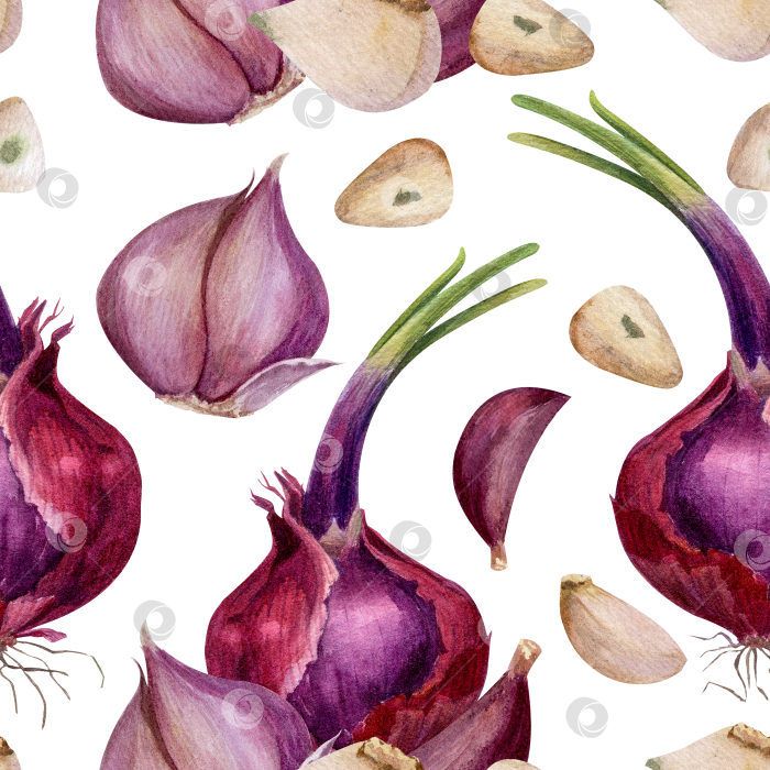 Скачать Бесшовный акварельный узор из лука и чеснока на белом фоне. Текстура свежих овощей используется для упаковки, текстиля, обертывания, оформления меню и концепций здорового питания. фотосток Ozero