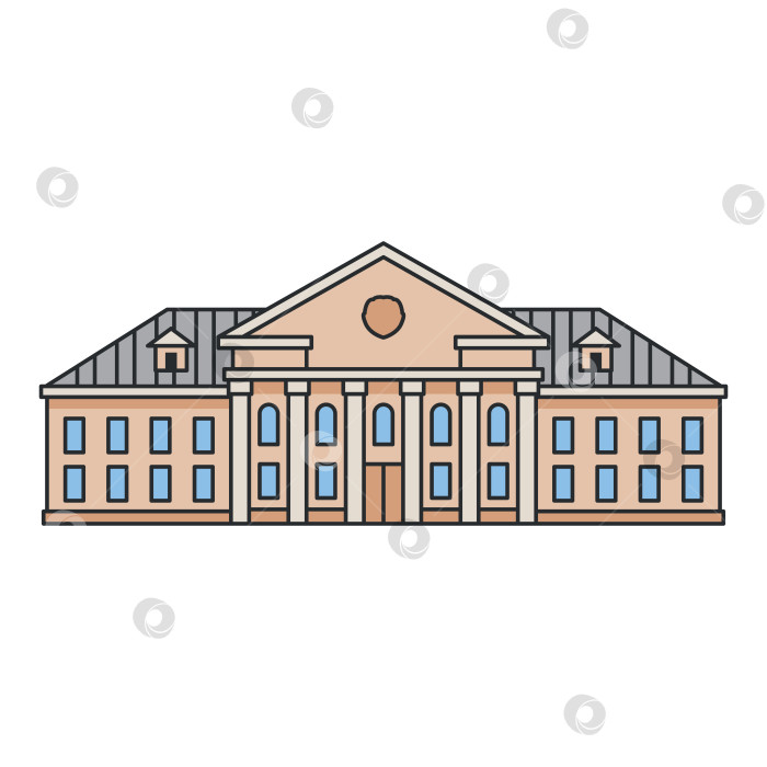 Скачать Классическое дворцовое здание с колоннами и треугольным фронтоном на белом фоне. Историческая архитектура. фотосток Ozero