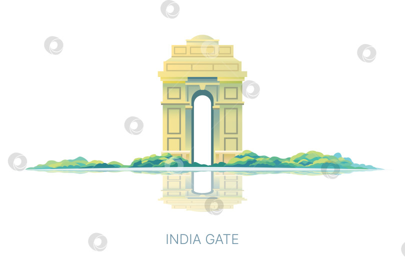 Скачать Достопримечательность "Ворота Индии" в Нью-Дели с отражением, минималистичная плоская иллюстрация, выделенная на белом фоне, концепция путешествий и туризма. фотосток Ozero