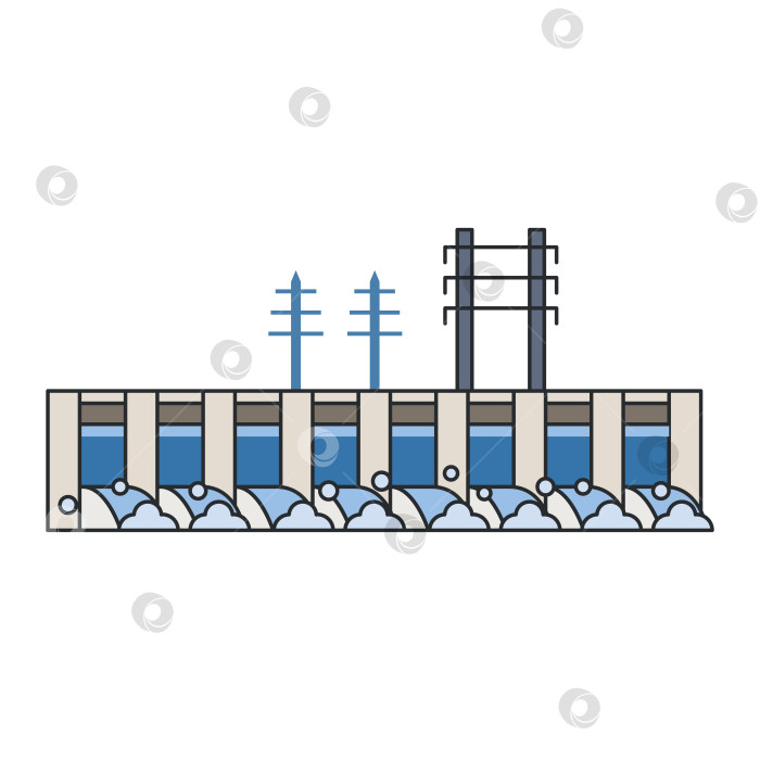 Скачать Плотина гидроэлектростанции с потоком воды, линии электропередач и промышленное сооружение выделены на белом фоне. Концепция энергетической инфраструктуры. фотосток Ozero