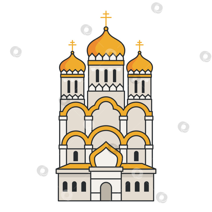 Скачать Православный собор с тремя золотыми куполами и арочным фасадом, выделяющимся на белом фоне. Историческая религиозная архитектура. Иллюстрация. фотосток Ozero