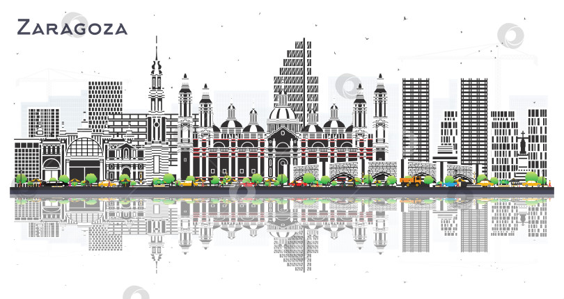Скачать Горизонт испанского города Сарагоса с цветными зданиями и отражениями на белом фоне. Городской пейзаж Сарагосы с достопримечательностями. Концепция деловых поездок и туризма с исторической архитектурой. фотосток Ozero