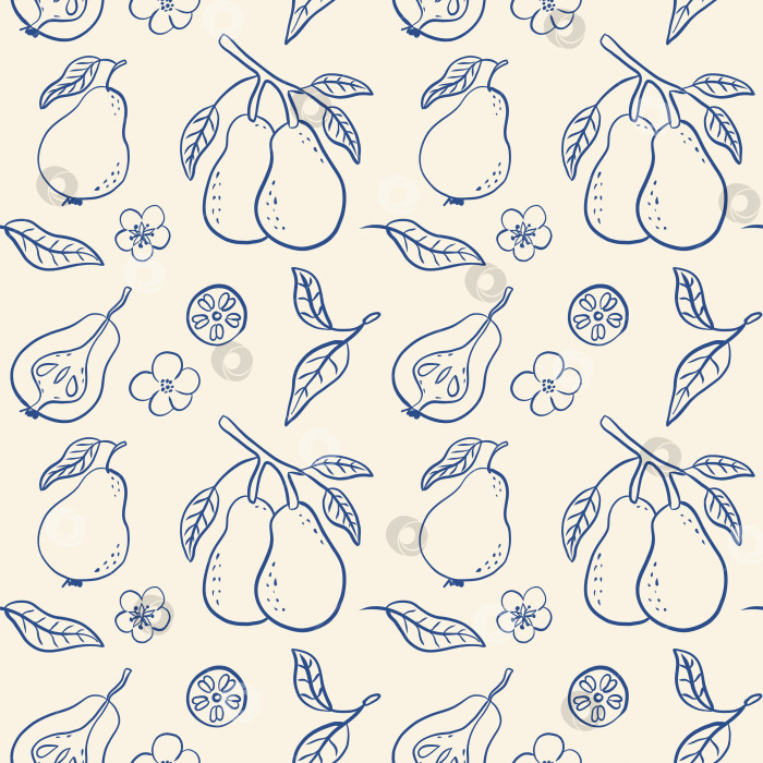 Скачать Набросок груш, листьев и цветов синими чернилами фотосток Ozero