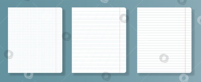 Скачать Набор из 3 листов бумаги для школьных тетрадей с сеткой 5 мм, узкая линейка с наклонными линиями и шаблон с широкой линейкой. Векторный макет школьных канцелярских принадлежностей фотосток Ozero