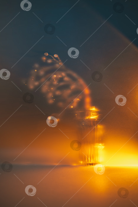 Скачать Абстрактный золотистый свет, создающий мягкий светящийся эффект боке и воздушные блики вокруг нежного силуэта растения в вазе, находящегося не в фокусе, создает безмятежный мечтательный фон фотосток Ozero