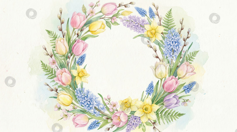 Скачать Акварельный весенний венок из тюльпанов, нарциссов и гиацинтов на белом фоне фотосток Ozero