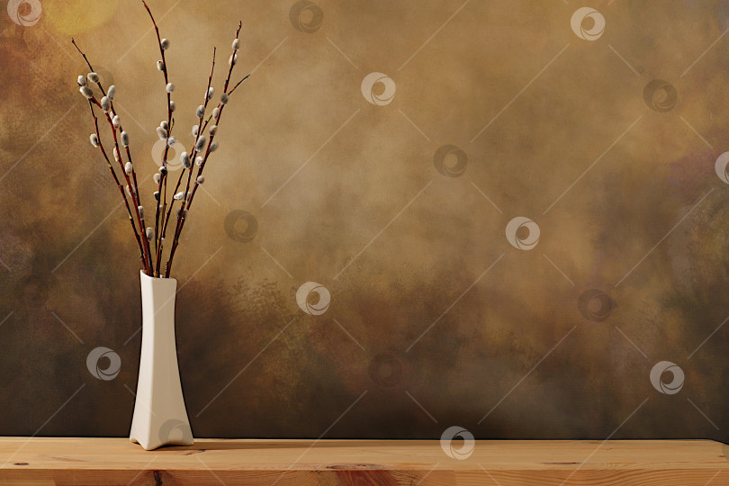 Скачать Изящные ветки ивы в вазе на элегантном кухонном столе, абстрактная весенняя цветочная композиция.Пасхальная открытка и натюрморт, минималистская концепция праздника и праздничный пасхальный баннер,дизайн домашнего интерьера фотосток Ozero