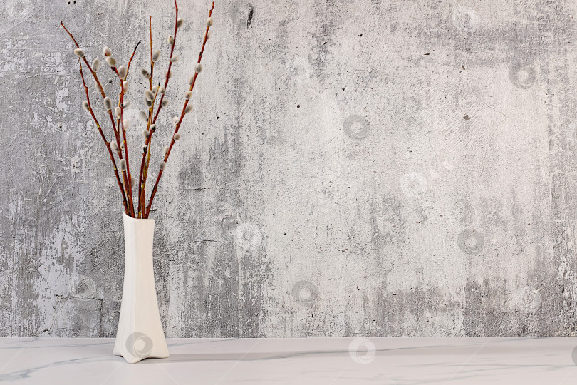 Скачать Изящные веточки ивы в вазе на кухонном столе. Концепция Вербного воскресенья, подготовка к празднованию Пасхи, дизайн-шаблон с пространством для текста и праздничным пасхальным баннером, фотосток Ozero