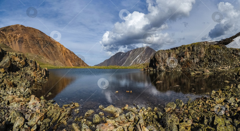 Скачать Неподвижное озеро отражает изрезанные холмы под облачным небом фотосток Ozero