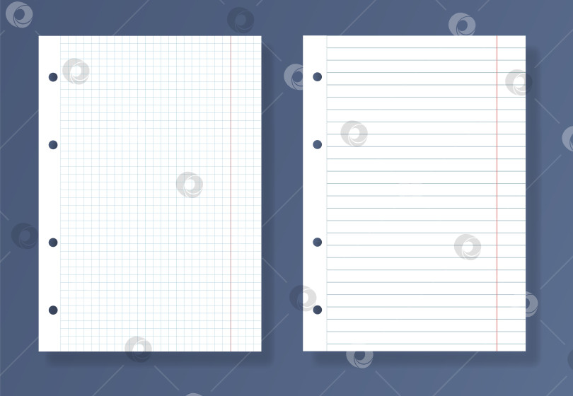 Скачать Реалистичные школьные листы бумаги с красными полями и отверстиями для переплета, выровненные страницы блокнота в квадратную форму, изолированные на синем фоне. Векторная иллюстрация фотосток Ozero