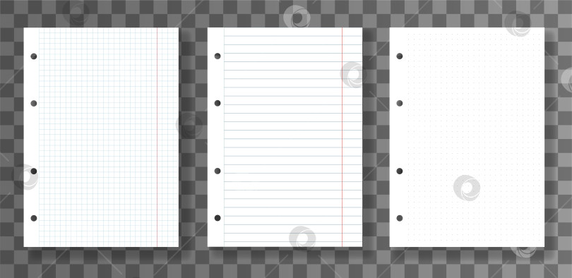 Скачать Набор реалистичных белых бумажных листов с отверстиями для переплета, выровненных по квадрату и с точечной сеткой, изолированных на прозрачном фоне. Векторная бумага фотосток Ozero