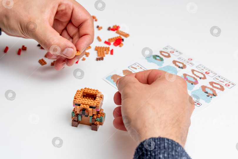 Скачать Бар, Черногория, 20 марта 2026 года, Мужчина играет в конструктор Lego с фигуркой животного капибары фотосток Ozero