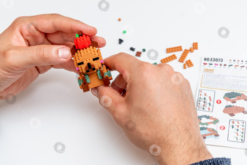 Скачать Бар, Черногория, 20 марта 2026 года, Мужчина играет в конструктор Lego с фигуркой животного капибара фотосток Ozero