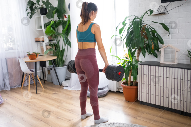 Скачать Женщина, занимающаяся фитнесом дома, спортивная одежда, домашние тренировки, современный светлый интерьер, гантели, здоровый образ жизни, тренажерный зал дома, уход за собой фотосток Ozero