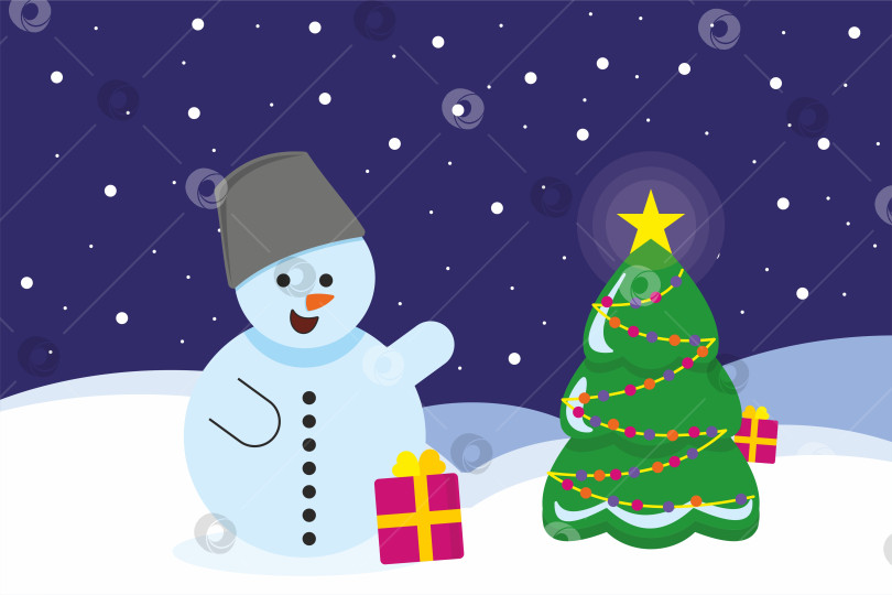 Скачать Новогодний фон. Снеговик, кролик и Санта Клаус возле рождественской елки фотосток Ozero