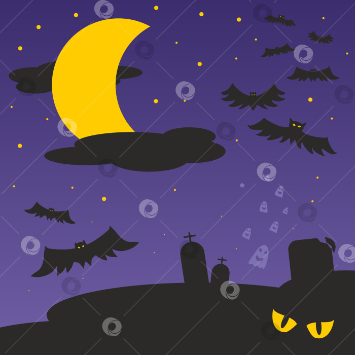 Скачать Ночь Хэллоуина. Летучие мыши, привидения и большая луна над кладбищем фотосток Ozero